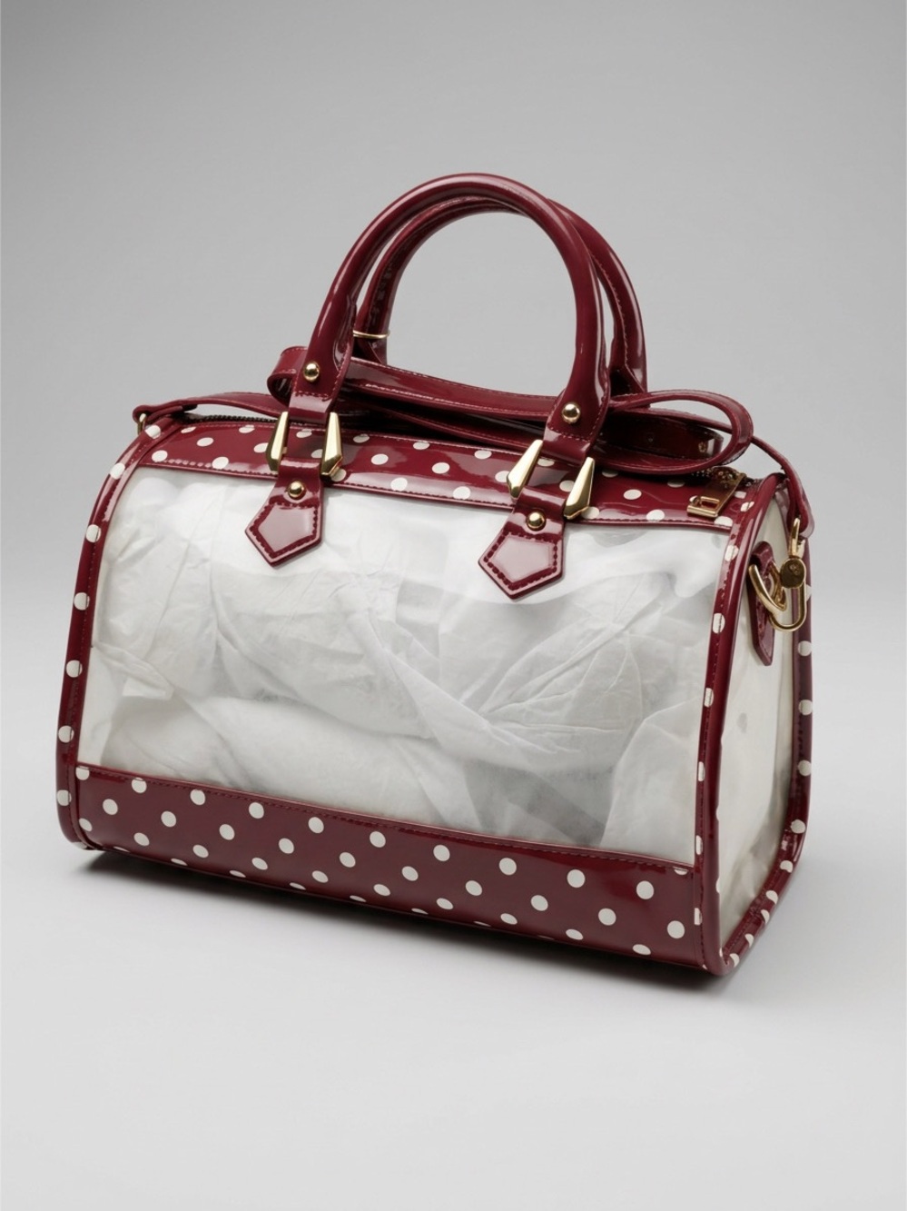 Stadium approved CLEAR bag orig. tags dustbag charm incl. maroon white polkadot